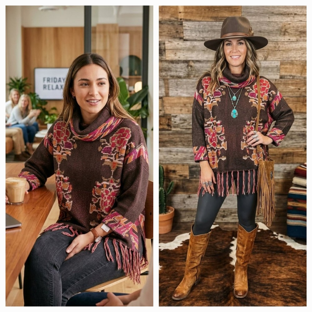 Tatienne Cowl Neck Long Sleeves Sweater Brown Fringe Aztec Boho Western Cabin L